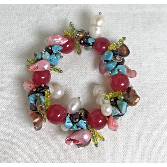 Trendy Boho Multi-Color Stretch Bracelet with Turquoise, Red, Green, Pearl - Picture 1 of 5
